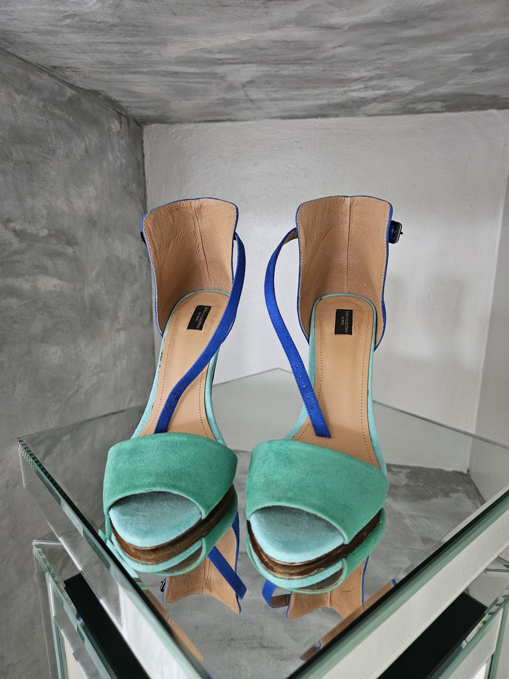 Zara Suede Open-Toe Heels in Teal and Royal Blue
